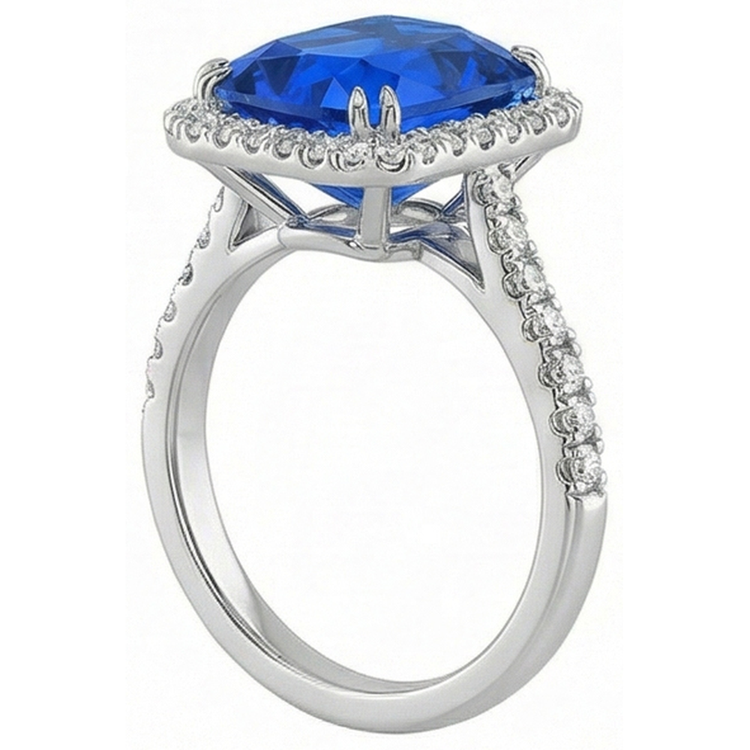 Bague de Fiançailles Halo Saphir Bleu Foncé