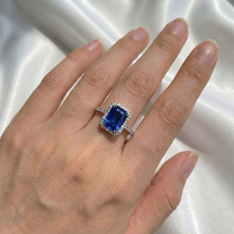 Bague de Fiançailles Halo Saphir Bleu Foncé