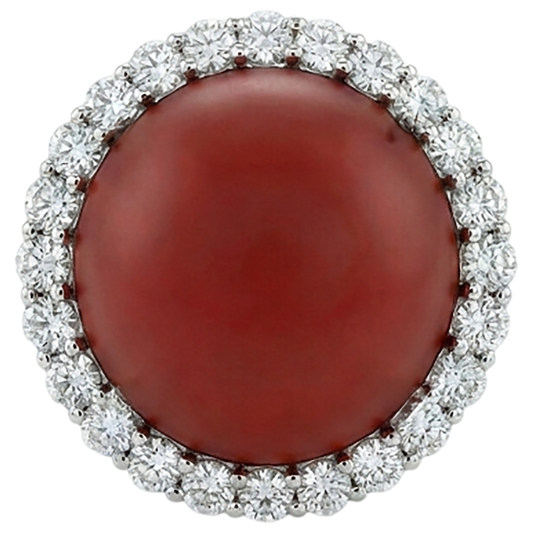 Bague de Fiançailles Or Blanc 14K 15 Carats Corail Rouge Et Diamants Naturels Extraits des Mines ( et non cultivés en laboratoire )