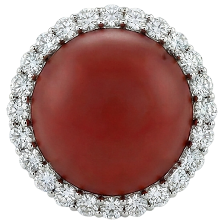 Bague de Fiançailles Or Blanc 14K 15 Carats Corail Rouge Et Diamants Naturels Extraits des Mines ( et non cultivés en laboratoire )