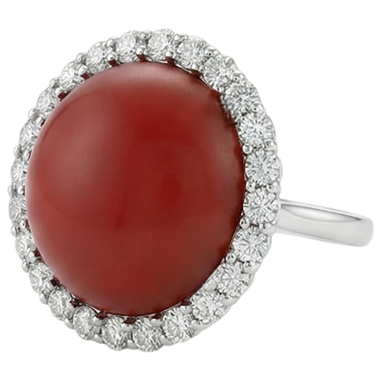 Bague de Fiançailles Or Blanc 14K 15 Carats Corail Rouge Et Diamants Naturels Extraits des Mines ( et non cultivés en laboratoire )