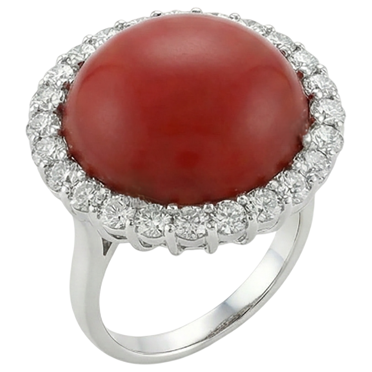 Bague de Fiançailles Or Blanc 14K 15 Carats Corail Rouge Et Diamants Naturels Extraits des Mines ( et non cultivés en laboratoire )