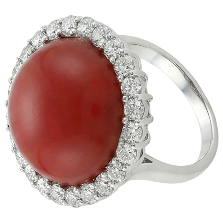 Bague de Fiançailles Or Blanc 14K 15 Carats Corail Rouge Et Diamants Naturels Extraits des Mines ( et non cultivés en laboratoire )