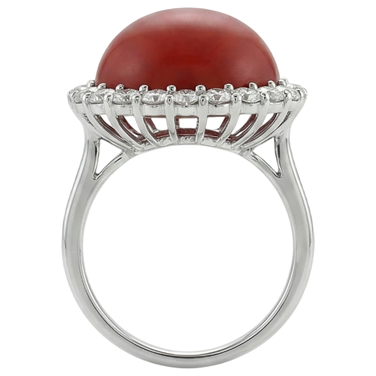 Bague de Fiançailles Or Blanc 14K 15 Carats Corail Rouge Et Diamants Naturels Extraits des Mines ( et non cultivés en laboratoire )