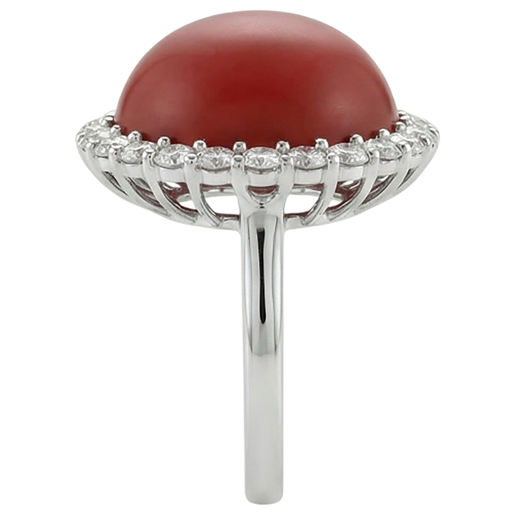 Bague de Fiançailles Or Blanc 14K 15 Carats Corail Rouge Et Diamants Naturels Extraits des Mines ( et non cultivés en laboratoire )