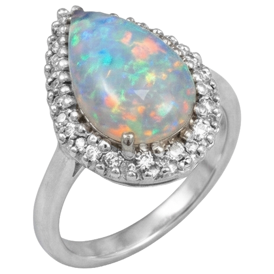 Bague de Fiançailles Or Blanc 14K Opale Et Diamants Naturels Extraits des Mines ( et non cultivés en laboratoire ) 11.25 Carats Neuf