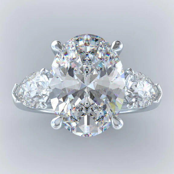 Bague de Fiançailles Ovale & Poire Naturel Diamant 8 Carats 3 Pierres Or Blanc 14K