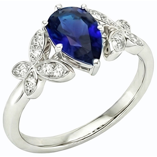 Bague de Fiançailles Papillon Diamant Poire Saphir de Ceylan 3 Carats