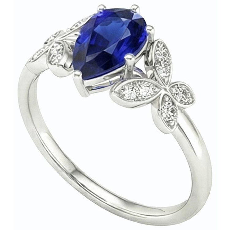 Bague de Fiançailles Papillon Diamant Poire Saphir de Ceylan 3 Carats