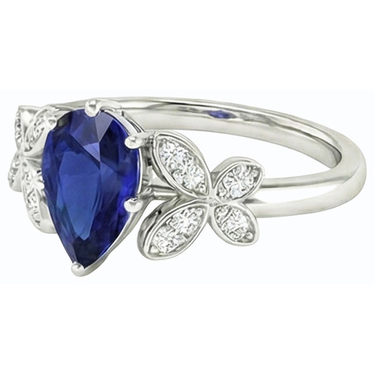 Bague de Fiançailles Papillon Diamant Poire Saphir de Ceylan 3 Carats