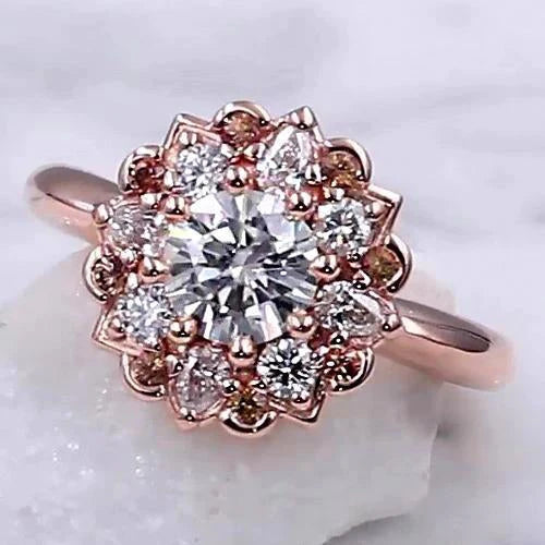 Bague de Fiançailles Réel Diamant 2 Carats Halo Fleur de Lotus Or Rose