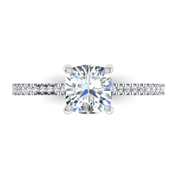 Bague de Fiançailles Réel Diamant Coussin Or Blanc Sertissage Cathédrale 2 Carats