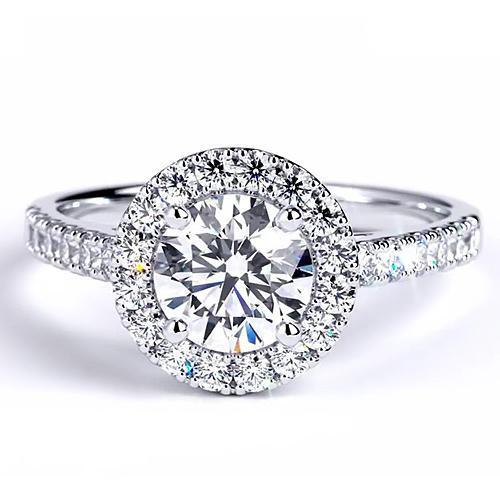 Bague de Fiançailles Réel Diamant Rond 2.50 Carats Halo Or Blanc 14K