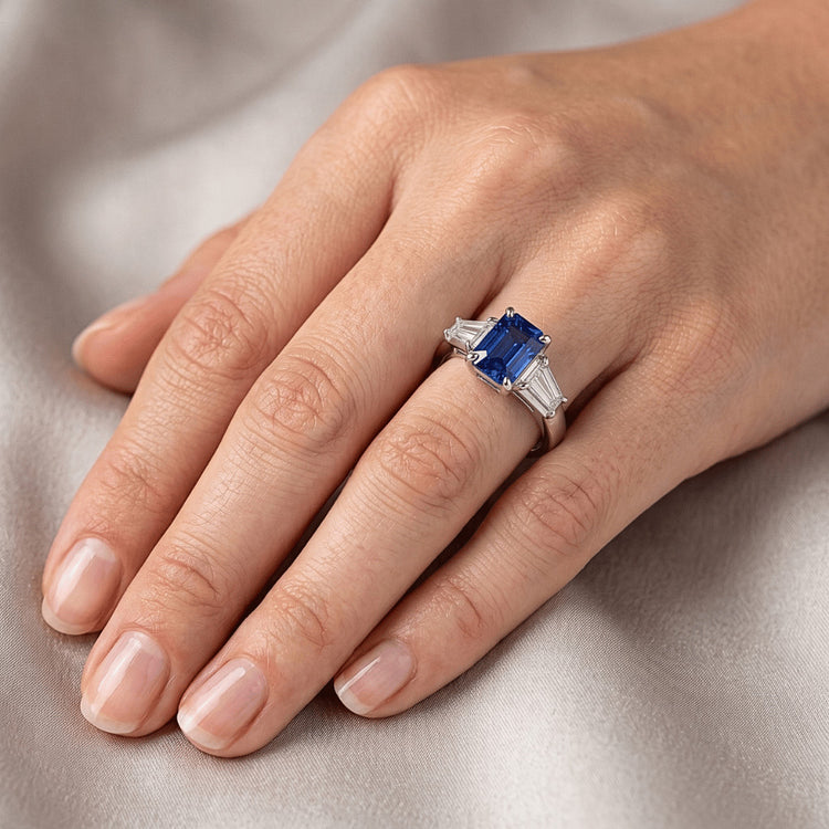 Bague de Fiançailles Saphir Bleu Émeraude Or 14K
