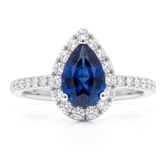 Bague de Fiançailles Saphir Bleu Style Larme Or Blanc 2.50 Carats