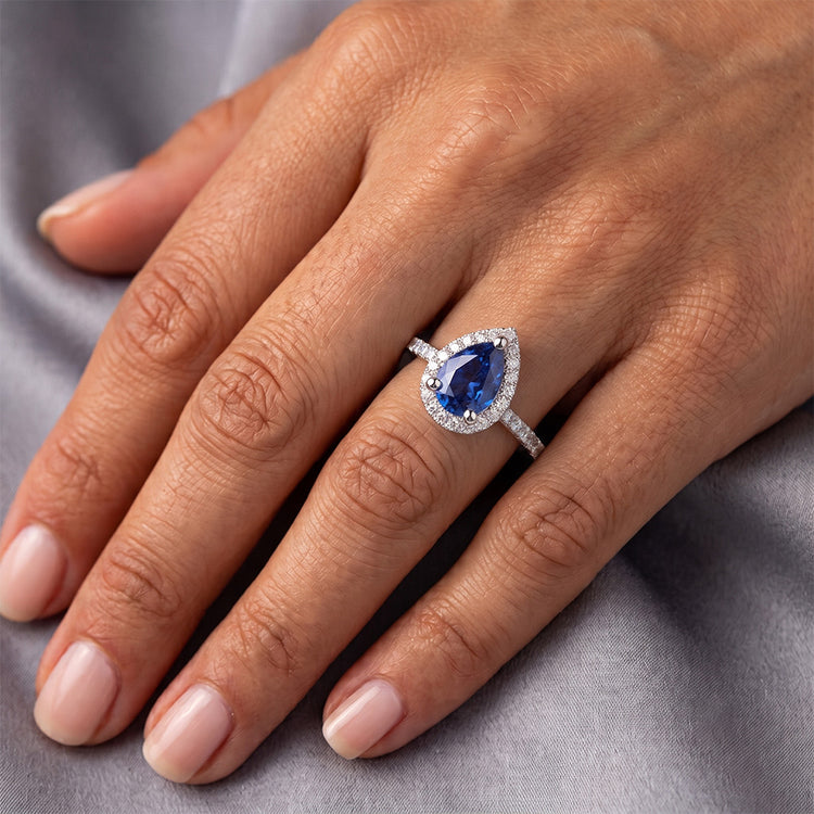 Bague de Fiançailles Saphir Bleu Style Larme Or Blanc 2.50 Carats