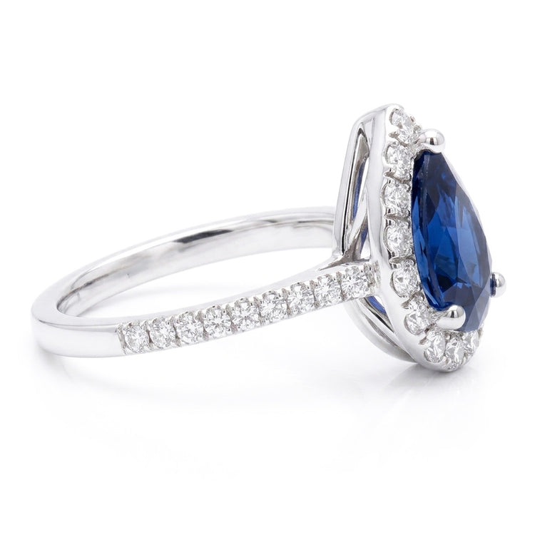 Bague de Fiançailles Saphir Bleu Style Larme Or Blanc 2.50 Carats