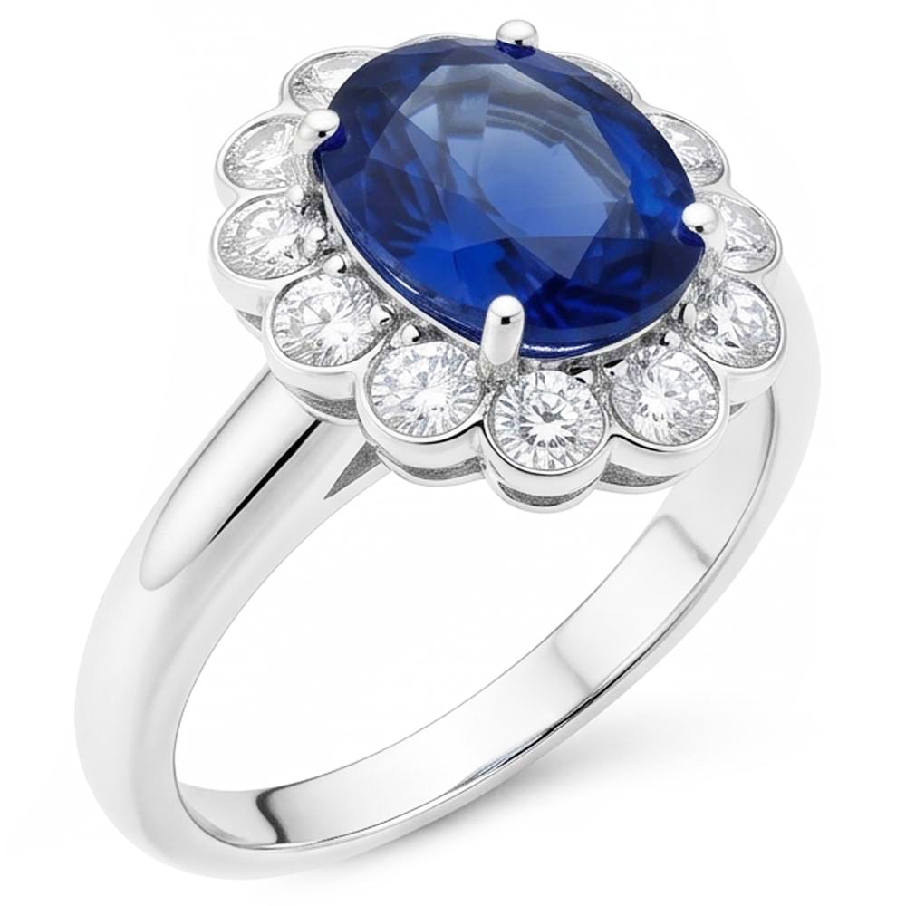 Bague de Fiançailles Saphir Bleu et Diamants Naturels Extraits des Mines ( et non cultivés en laboratoire )
