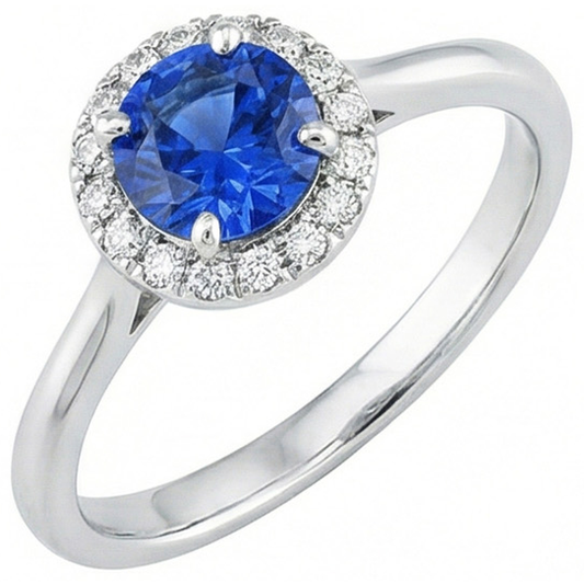 Bague de Fiançailles Saphir Rond 2 Carats Et Diamant Naturels Extraits des Mines ( et non cultivés en laboratoire ) Or Blanc 14K
