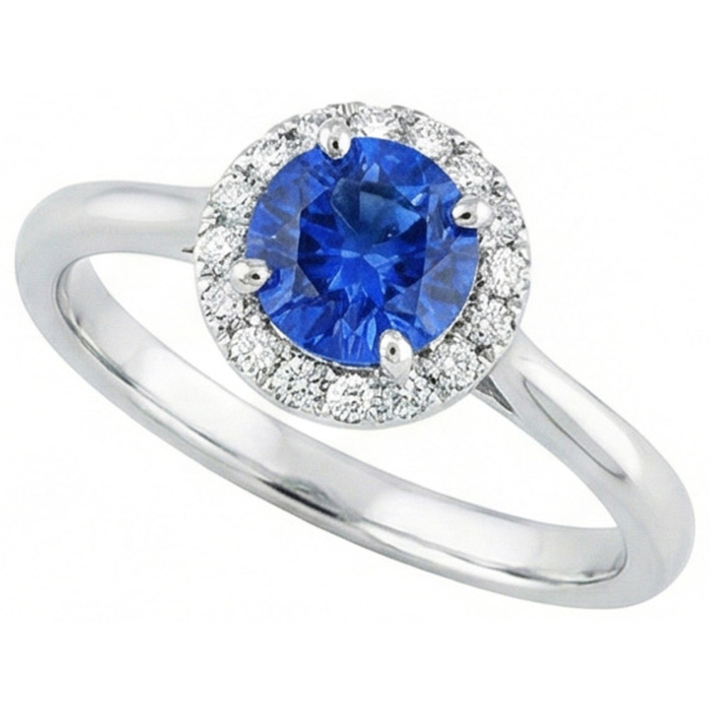 Bague de Fiançailles Saphir Rond 2 Carats Et Diamant Naturels Extraits des Mines ( et non cultivés en laboratoire ) Or Blanc 14K