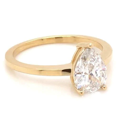 Bague de Fiançailles Solitaire Poire Réel Diamant Or Jaune 14K