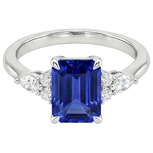 Bague de Fiançailles Style Floral Saphir Bleu Émeraude & Diamant Naturels Extraits des Mines ( et non cultivés en laboratoire ) 4 Carats