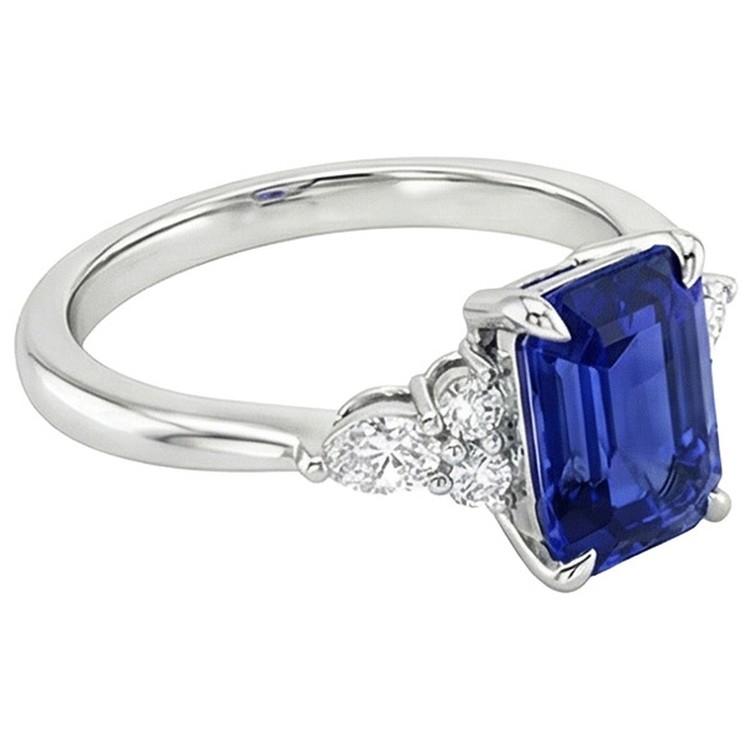 Bague de Fiançailles Style Floral Saphir Bleu Émeraude & Diamant Naturels Extraits des Mines ( et non cultivés en laboratoire ) 4 Carats