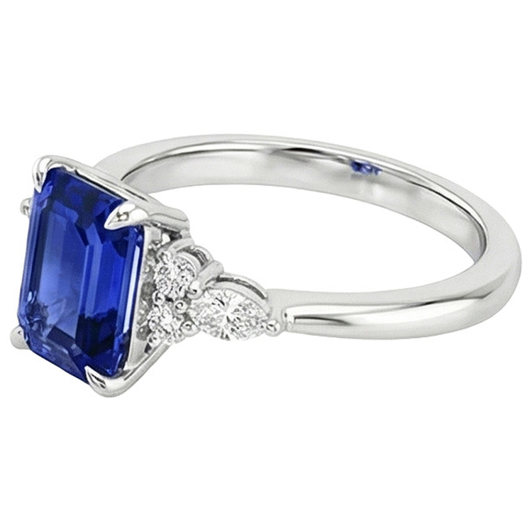Bague de Fiançailles Style Floral Saphir Bleu Émeraude & Diamant Naturels Extraits des Mines ( et non cultivés en laboratoire ) 4 Carats