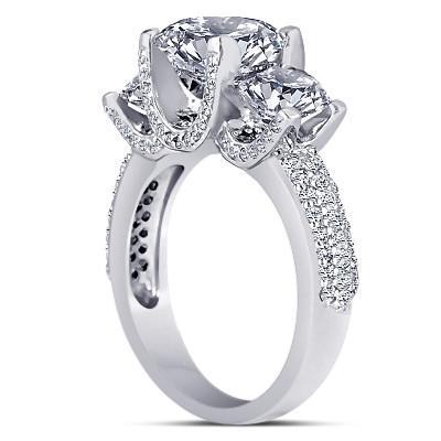 Bague de Fiançailles Trois Pierres Pavé de Réel Diamants 4.75 Carat Or Blanc 14K