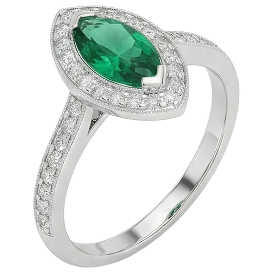Bague de fiançailles 3 carats émeraude Vert marquise et diamants or blanc 14K