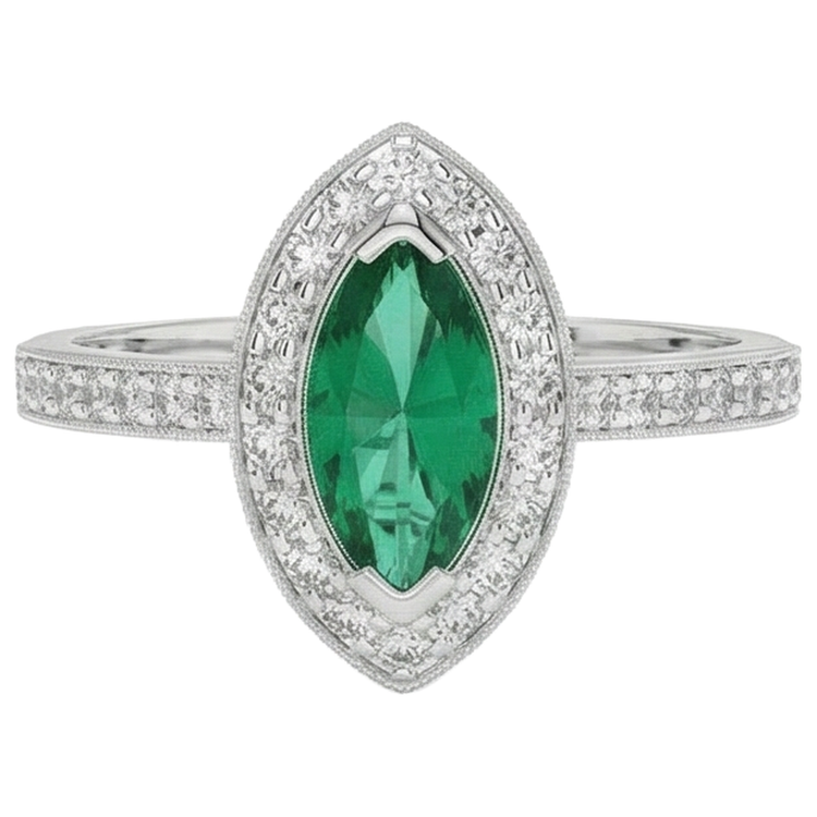 Bague de fiançailles 3 carats émeraude Vert marquise et diamants or blanc 14K