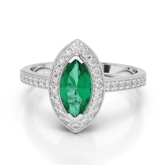 Bague de fiançailles 3 carats émeraude Vert marquise et diamants or blanc 14K