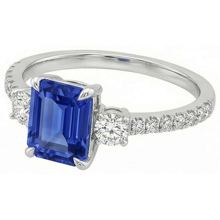 Bague de fiançailles 3 pierres accentuées Saphir de Ceylan et diamant 4.25 carats
