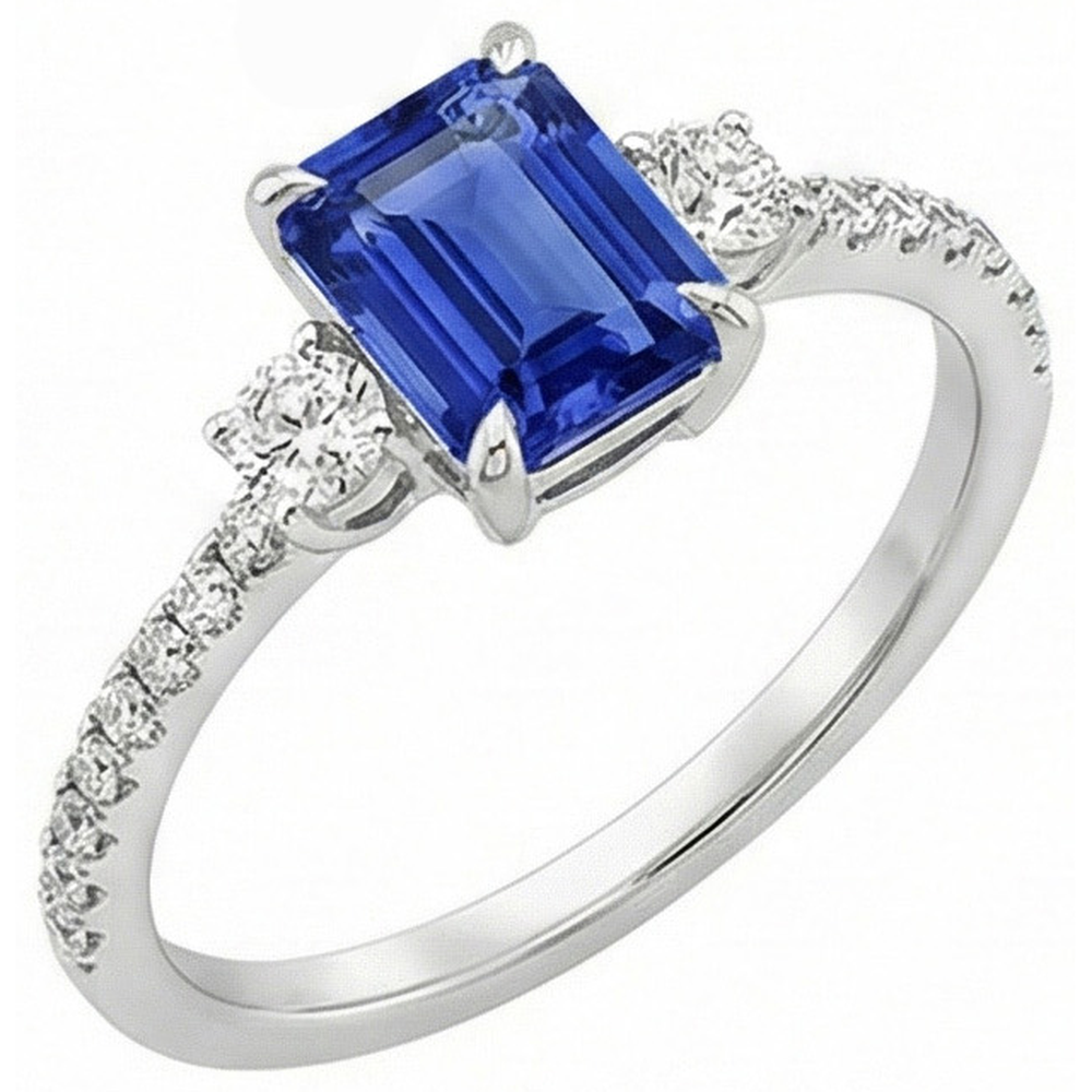 Bague de fiançailles 3 pierres accentuées Saphir de Ceylan et diamant 4.25 carats