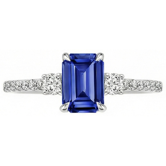 Bague de fiançailles 3 pierres accentuées Saphir de Ceylan et diamant 4.25 carats