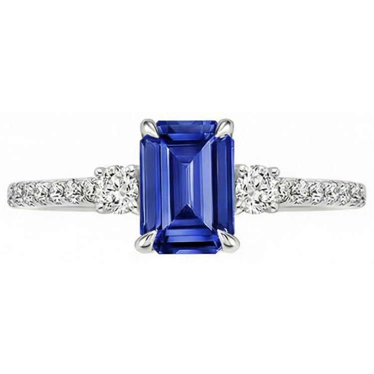 Bague de fiançailles 3 pierres accentuées Saphir de Ceylan et diamant 4.25 carats