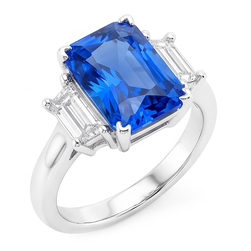 Bague de fiançailles 3 pierres saphir radieux 3 carats diamants émeraude