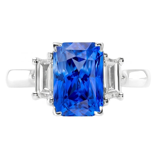 Bague de fiançailles 3 pierres saphir radieux 3 carats diamants émeraude