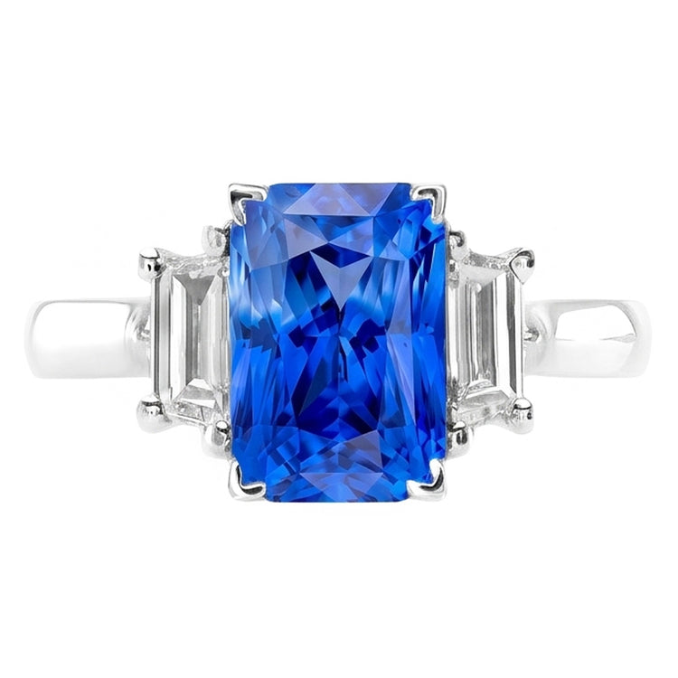 Bague de fiançailles 3 pierres saphir radieux 3 carats diamants émeraude