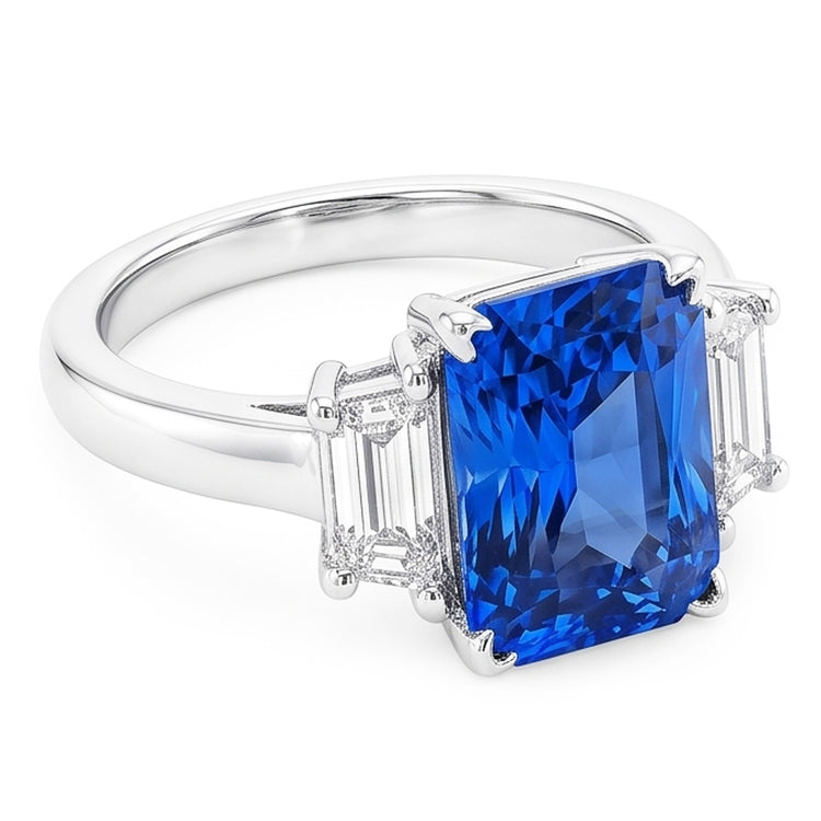 Bague de fiançailles 3 pierres saphir radieux 3 carats diamants émeraude