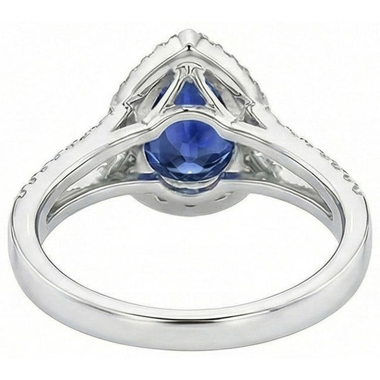 Bague de fiançailles Halo Diamant Poire Ceylan Saphir Tige fendue 4 Carats