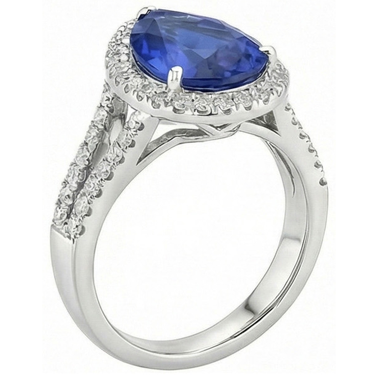 Bague de fiançailles Halo Diamant Poire Ceylan Saphir Tige fendue 4 Carats