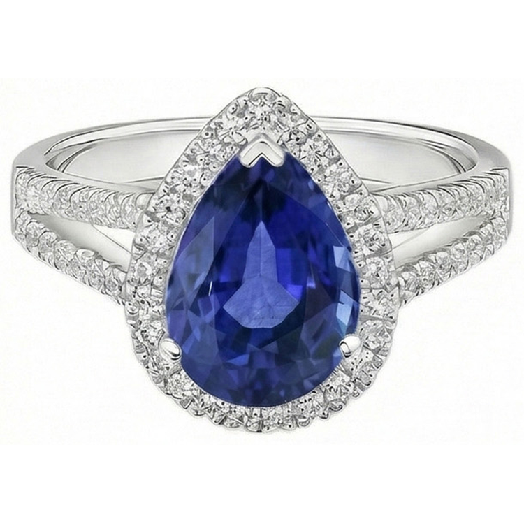 Bague de fiançailles Halo Diamant Poire Ceylan Saphir Tige fendue 4 Carats