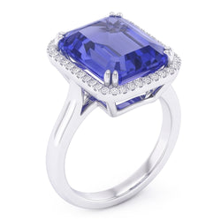 Bague de fiançailles Halo Emeraude Bleu Saphir 4 Carats Or Blanc