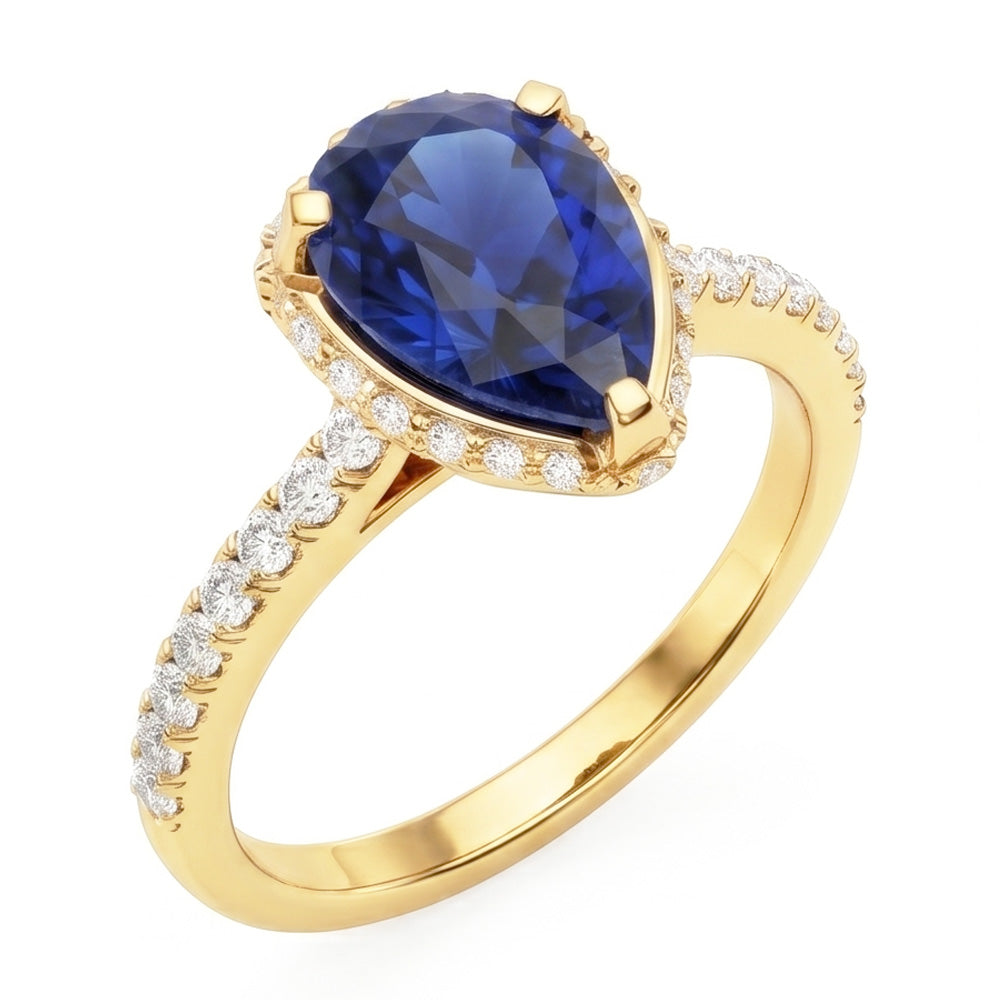 Bague de fiançailles Halo Saphir bleu profond et serti de diamants 5 carats