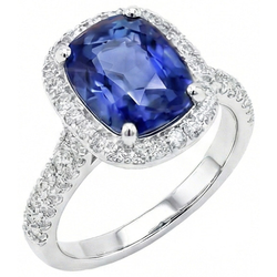Bague de fiançailles Halo ovale Saphir du Sri Lanka & Diamant Naturels Extraits des Mines ( et non cultivés en laboratoire ) 9 Carats Neuf