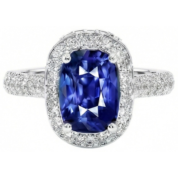 Bague de fiançailles Halo ovale Saphir du Sri Lanka & Diamant Naturels Extraits des Mines ( et non cultivés en laboratoire ) 9 Carats Neuf