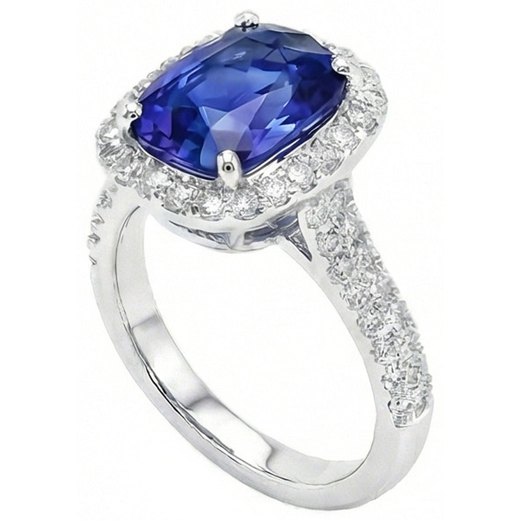 Bague de fiançailles Halo ovale Saphir du Sri Lanka & Diamant Naturels Extraits des Mines ( et non cultivés en laboratoire ) 9 Carats Neuf