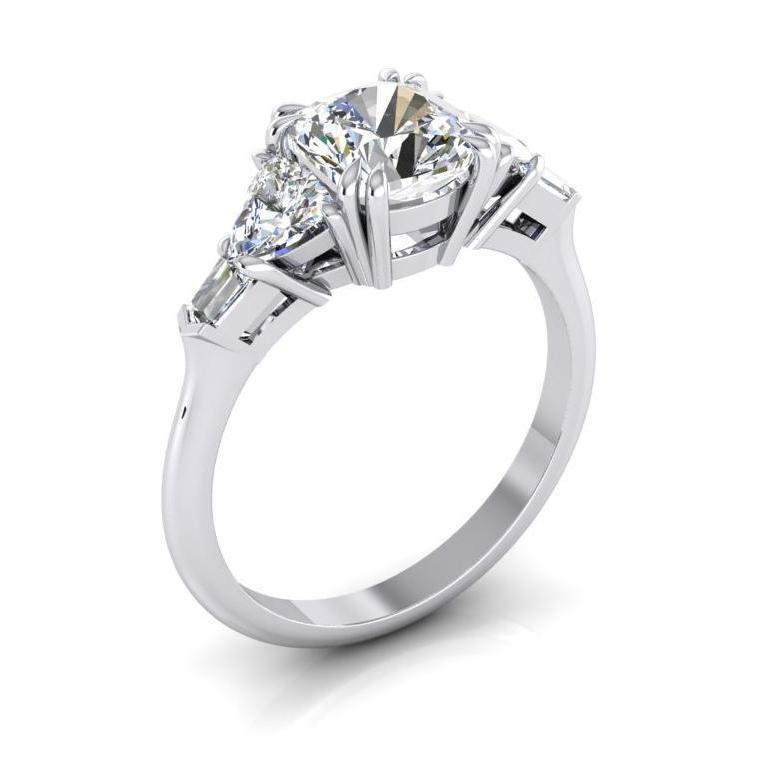 Bague de fiançailles Réel diamant coussin 3 carats taille trillion or blanc 14K