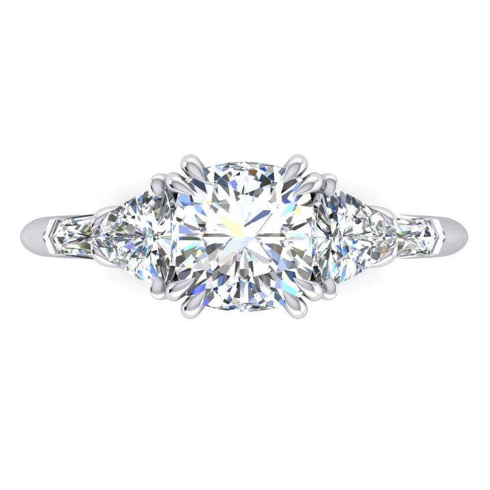 Bague de fiançailles Réel diamant coussin 3 carats taille trillion or blanc 14K